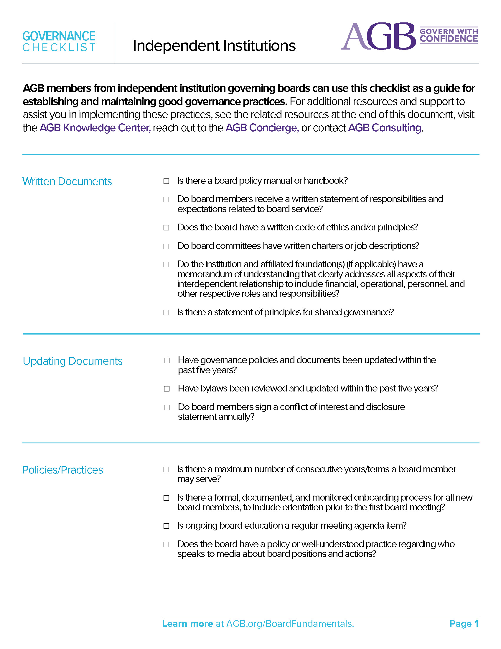 Higher Education Independent Institutions Governance Checklist from AGB