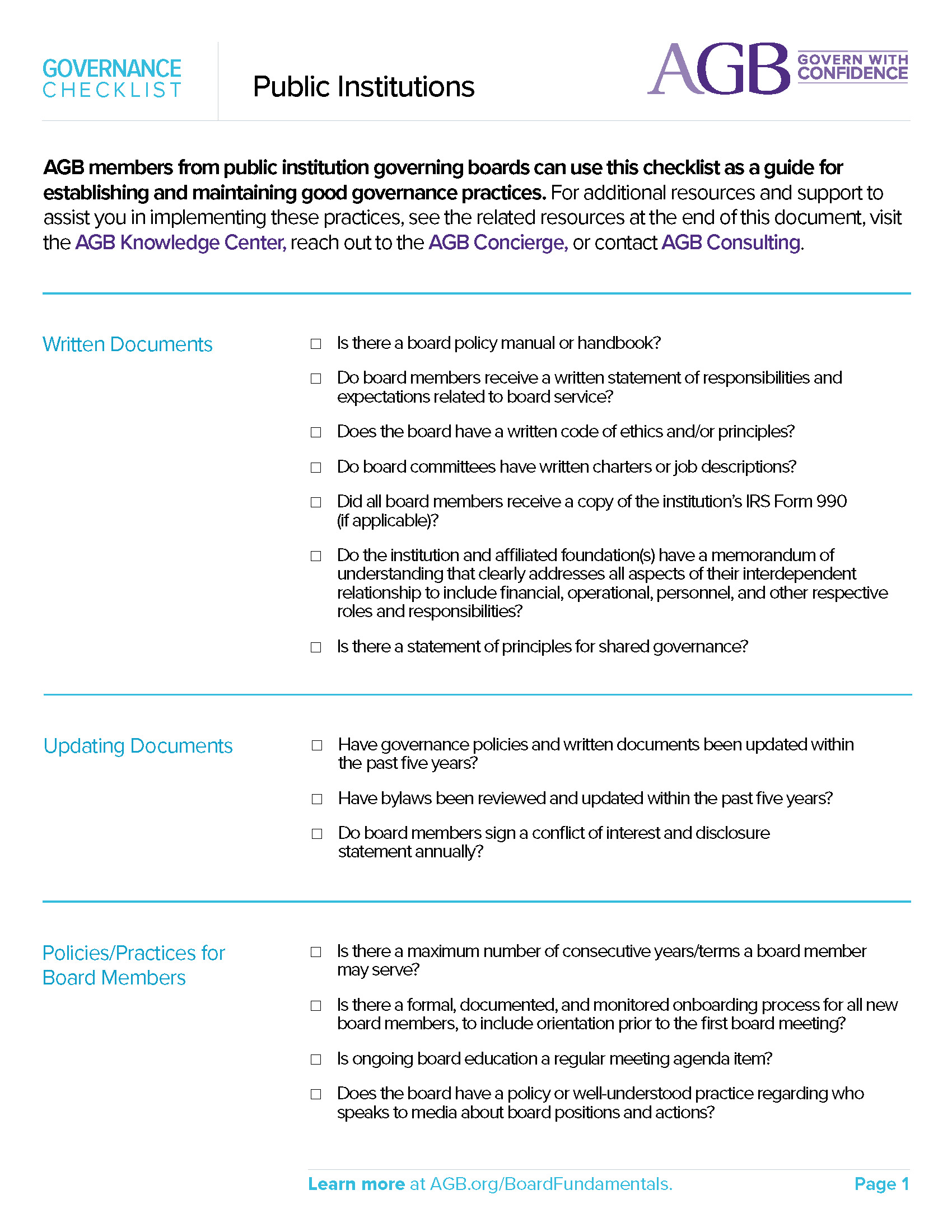 Higher Education Public Institutions Governance Checklist from AGB