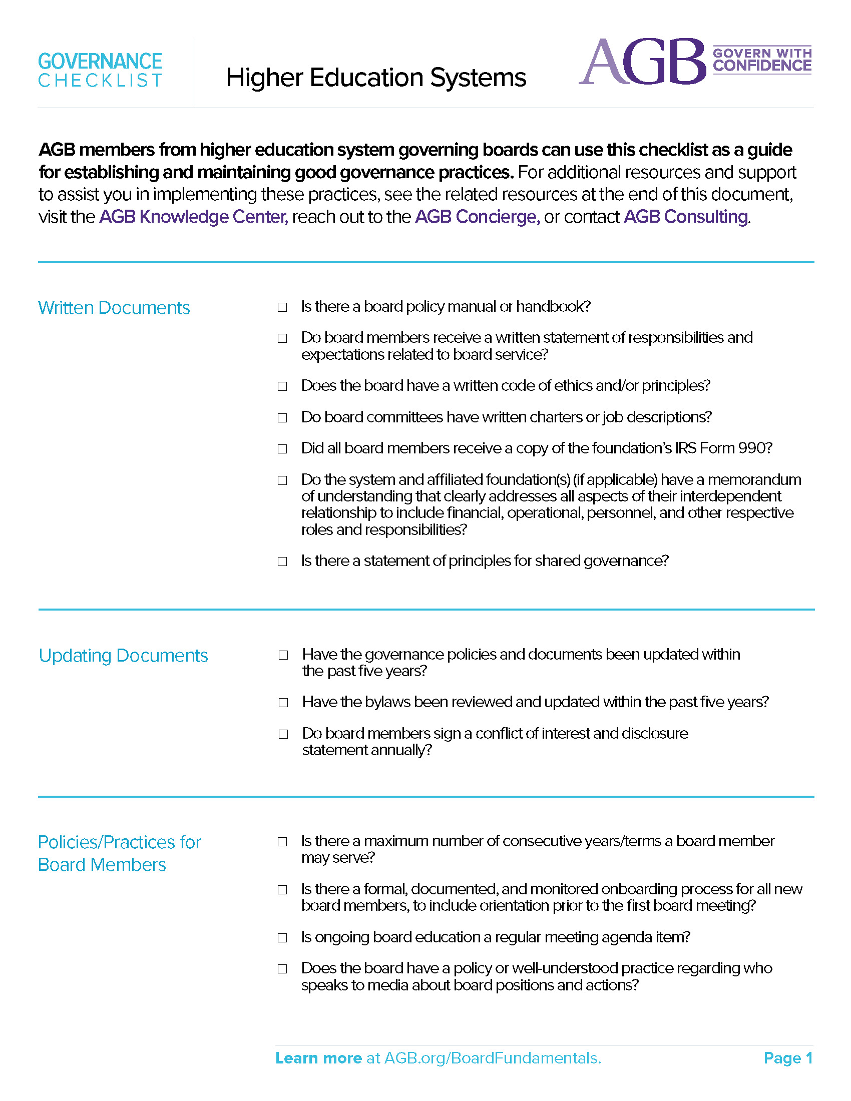 AGB Consulting's Higher Education Systems Governance Checklist