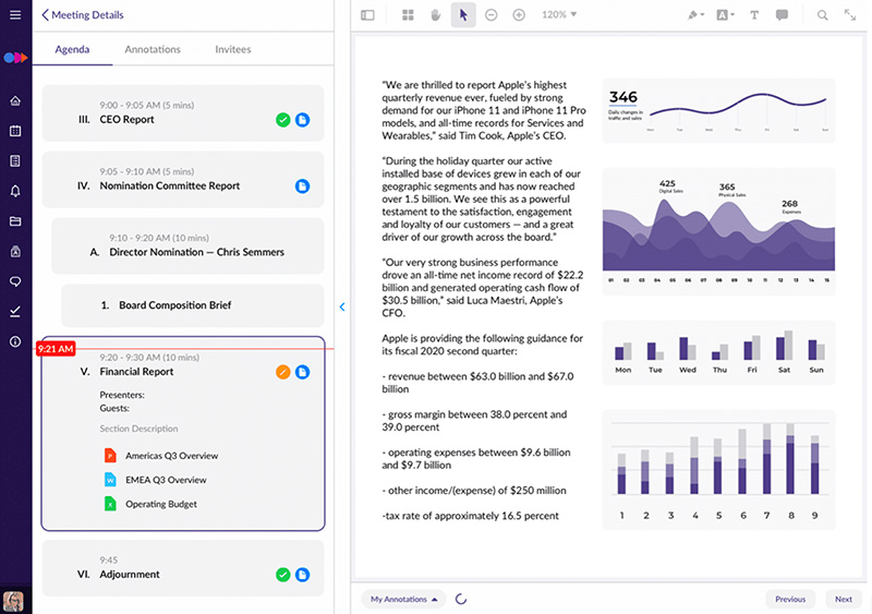 A screenshot of the OnBoard user interface. There is a dark purple vertical sidebar on the far left side of the screen with about a dozen icons including a "home" symbol, an alert bell and others with less immediately obvious purposes. Next there is a column titled Meeting Details followed by a numbered list of boxes, each presumably representing a meeting. To the right of the Meeting Details column is an expanded window showing the full details of one of the Meetings (labled: V: Financial Report) which provides detailed notes, including both text and several graphs. This screenshot is to give the reader a general feel of using the OnBoard program.