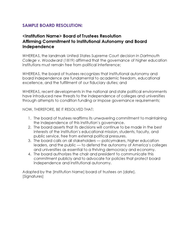 Sample Resolution Firefighter Sample Board Resolution Affirming Commitment to Institutional Autonomy ...