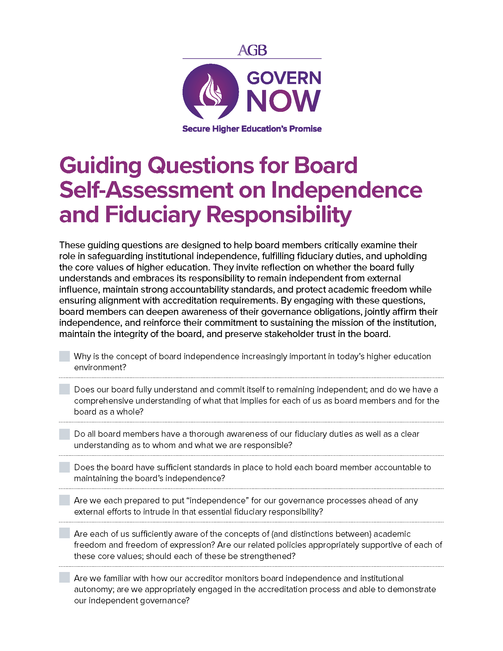 Cover Page: Guiding Questions for Boards
